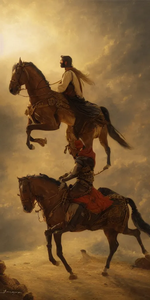 Image similar to Highly detailed and cinematic romantic period oil painting of an Arabian prince riding a rearing horse, beautifully lit and atmospheric, an oil painting masterpiece by Josep Tapiró Baró, RPG portrait, dynamic lighting, 8K