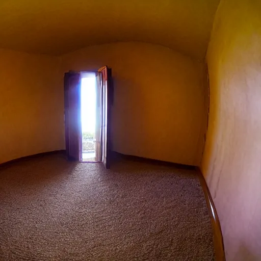 Prompt: fish eye lens, secret room upstairs, located above the family room behind the wall, clean, carpeted. accessible by secret entrance, comforting and familiar, organic, golden ratio, alive, only visited during dreams, where memories are stored but also forgotten only to be remembered again,