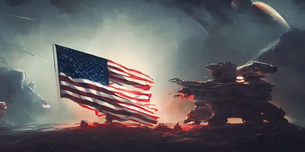 Prompt: space war between china and usa, usa flag, china flag, space, war, great compostion, lighting chiaroscuro, art by sebastien hue, insanely highly detailed artwork, trending on artstation