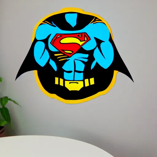 Image similar to die cut sticker, batman in a superman suit, splatter paint
