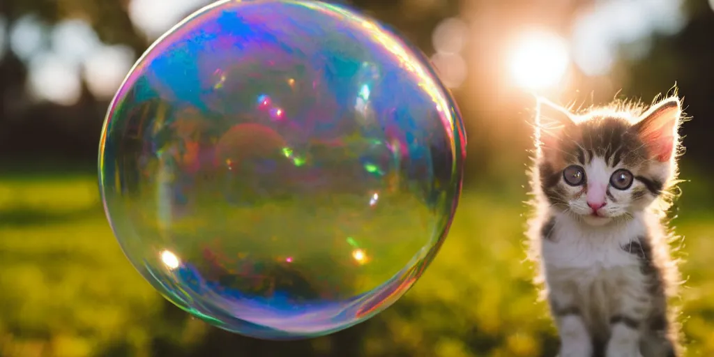 Image similar to an adorable kitten stuck inside of a giant iridescent floating soap bubble, bokeh, golden hour, back yard, golden hour