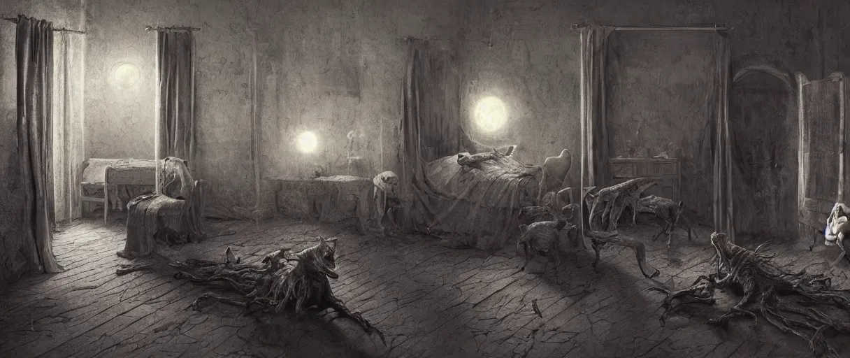 Image similar to a dark old bedroom, creatures under the bed from the darkest realm of the soul, old wood floors, old furniture, small windows with moonlight, surrealcore, hellcore, 4 k by wayne barlowe, pascal blanche