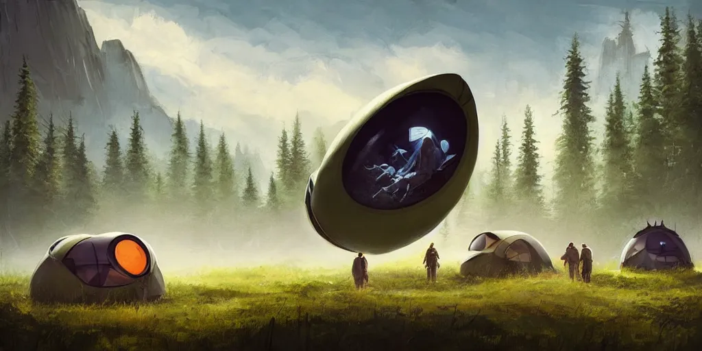 Prompt: cabela's tent sci - fi retro futuristic pop up family space pod, cabin, modular, person in foreground, mountainous forested wilderness open fields, beautiful views, painterly concept art, joanna gaines, environmental concept art, farmhouse, magnolia, concept art illustration by ross tran, by james gurney, by craig mullins, by greg rutkowski