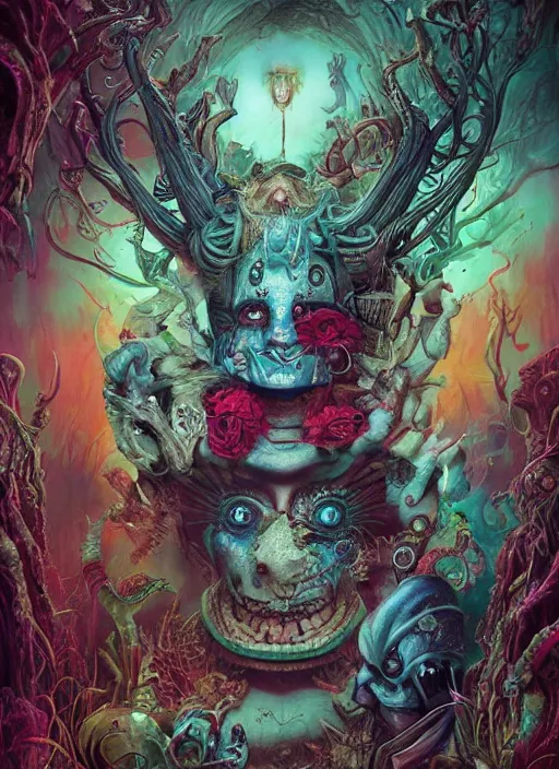 Image similar to alice in wonderland, aztec god, alien, highly detailed, cinematic, 8 k, by megan duncanson, benjamin lacombe, adrian borda, stanley artgermm, tom bagshaw, craig mullins, carne griffiths, ayami kojima, beksinski, giger, trending on deviantart, hyper detailed, horror, full of colour