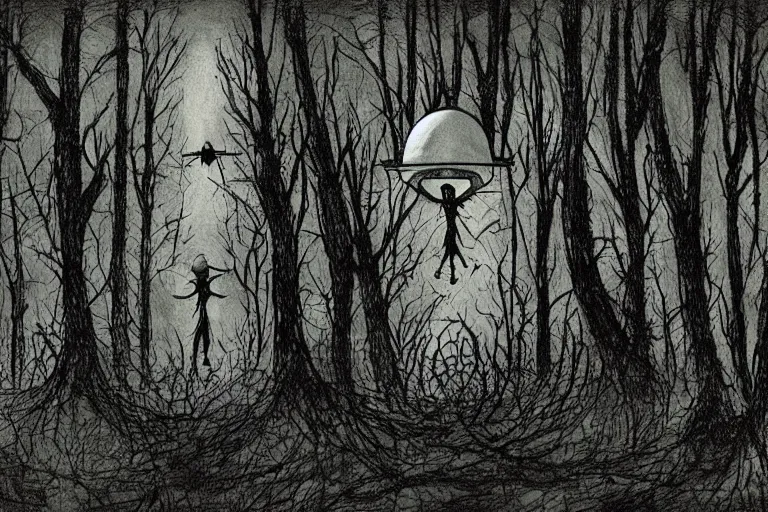 Image similar to UFO landing in a haunted the dark forest artwork by ben templesmith