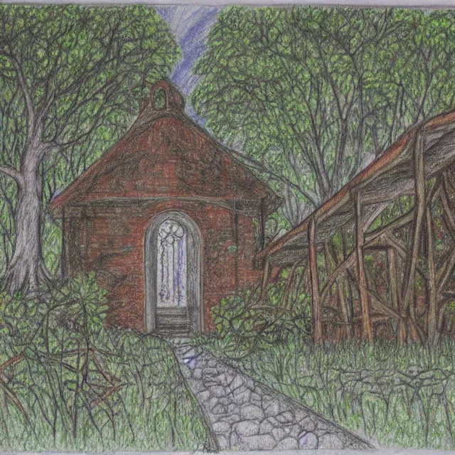 Prompt: overgrown abandoned church in a concrete jungle, colored pencil drawing