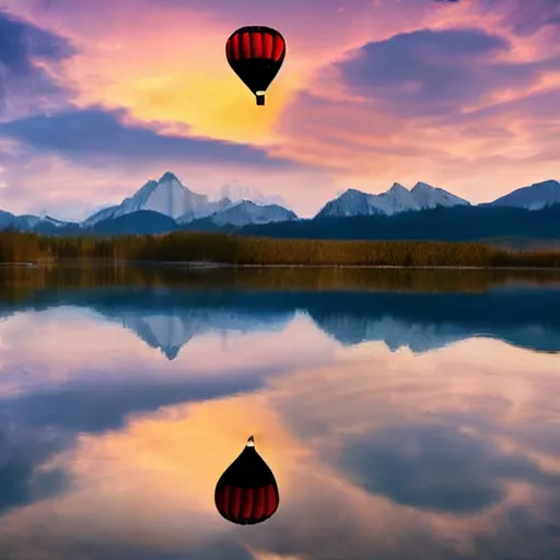 Prompt: photo of two black swans touching heads in a beautiful reflective mountain lake, a colorful hot air balloon is flying above reflecting off water, hot air balloon, intricate, 8k highly professionally detailed, centered, HDR, CGsociety