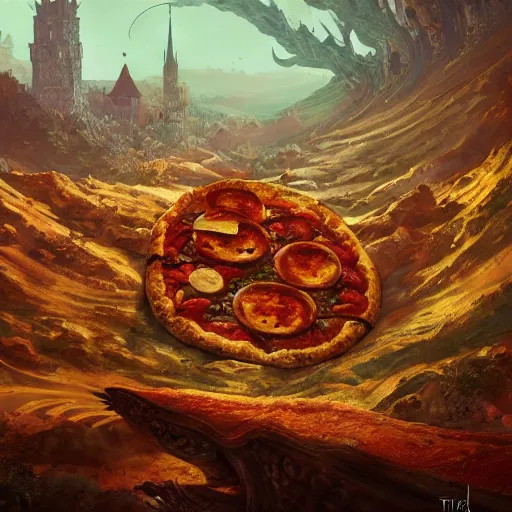 Image similar to ultra realistic illustration of pizza giant, intricate, fantasy italy, epic landscape, highly detailed, digital painting, artstation, concept art, smooth, sharp focus, beautiful, art by tim mcburnie and conar cross and anato finnstark