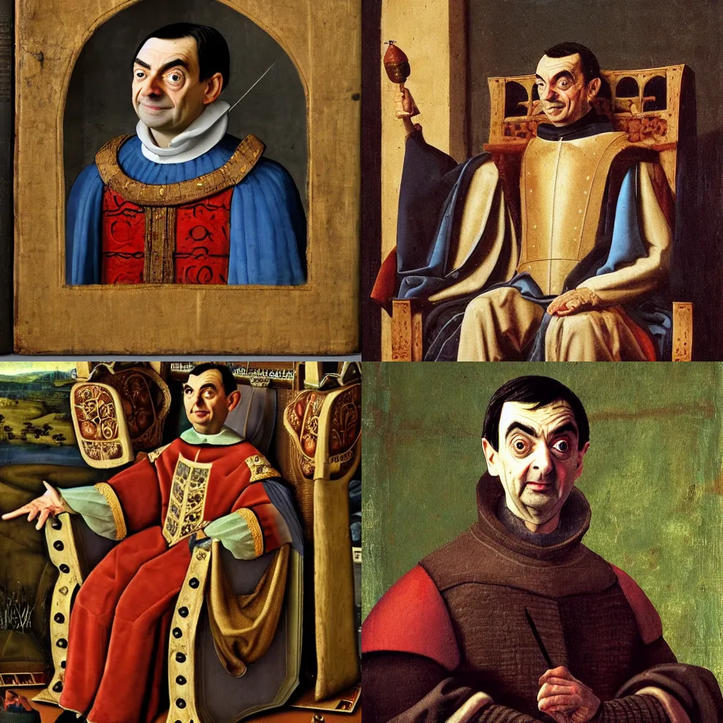 Prompt: close up of mr bean in medieval armor on a throne, renaissance painting