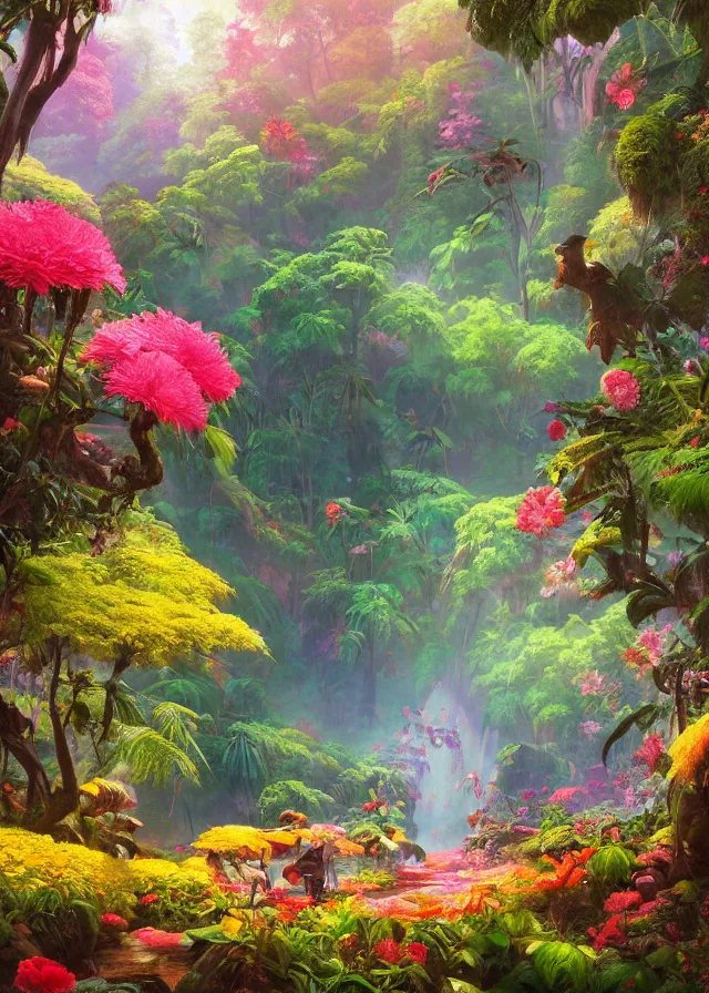 Prompt: rainforest, brightly colored flowers, extremely detailed oil painting, unreal 5 render, rhads, sargent and leyendecker, savrasov levitan polenov, bruce pennington, studio ghibli, tim hildebrandt, digital art, landscape painting, octane render, beautiful composition, trending on artstation, award winning photograph, masterpiece