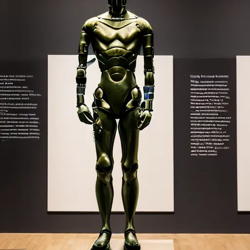 Image similar to a realistic detailed photo of a guy who is an attractive humanoid who is half robot and half humanoid, who is a male android, twitch streamer g, shiny skin, posing like a statue, blank stare, at the museum, on display