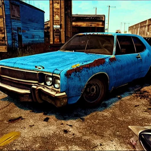 Prompt: A screenshot of a rusty, worn out, broken down, decrepit, run down, dingy, faded chipped paint, tattered, beater 1976 Denim Blue Dodge Aspen in Forza Motorsport 2