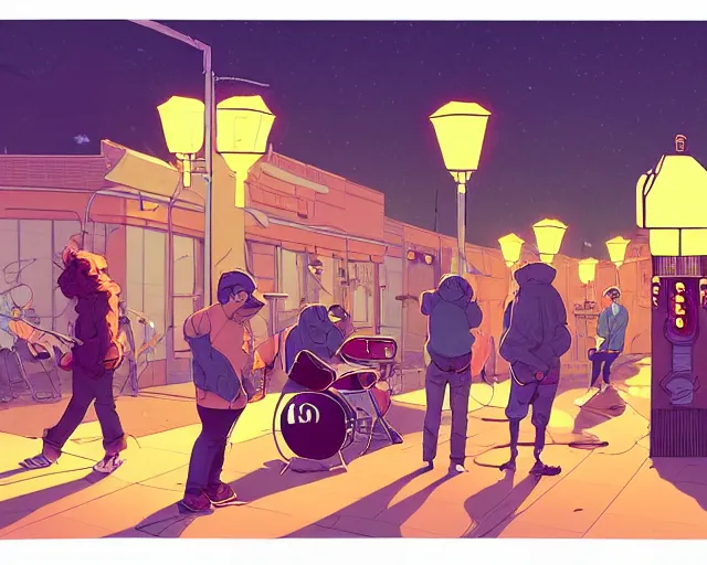 Image similar to a study of cell shaded cartoon of the concert of a music band playing music, street lamps, road, illustration, wide shot, subtle colors, post grunge, concept art by josan gonzales and wlop, by james jean, Victo ngai, David Rubín, Mike Mignola, Laurie Greasley, highly detailed, sharp focus, Trending on Artstation, HQ, deviantart, art by artgem