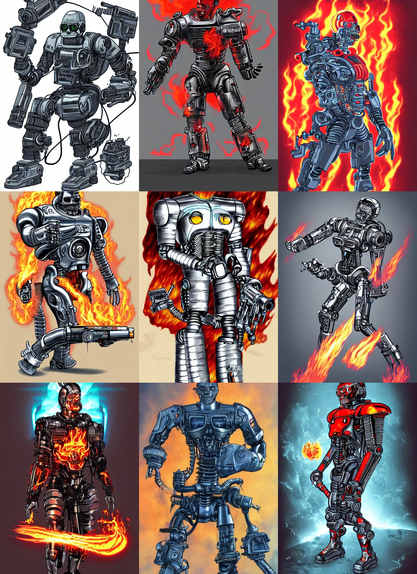 Prompt: full body concept illustration of a retro sci - fi terminator with flames around it