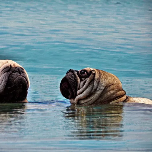 Image similar to a Manatee-Pug Hybrid, A Manatee that looks like a pug, huge tusks, afternoon hangout, good times photograph, candid