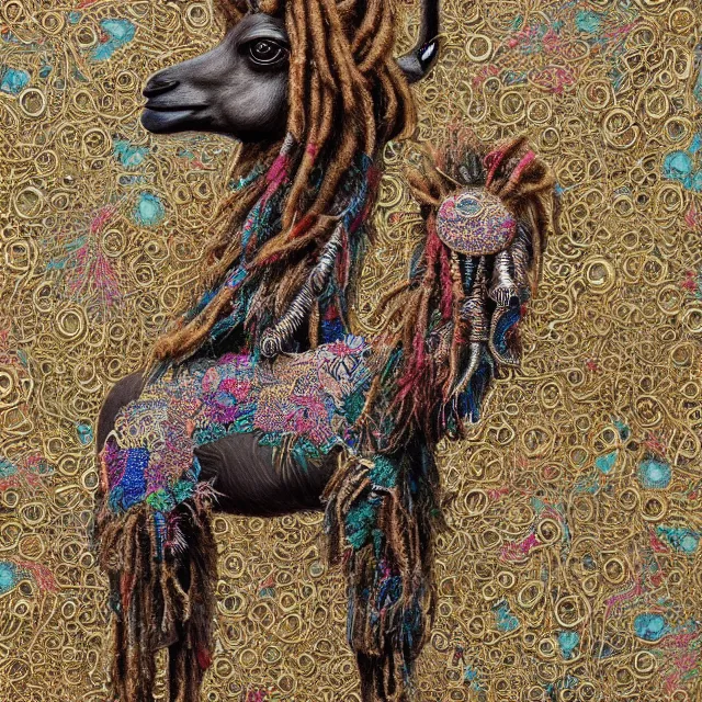 Image similar to llama with dreadlocks, detailed, by ernst haeckel, james jean, el anatsui, mandy jurgens