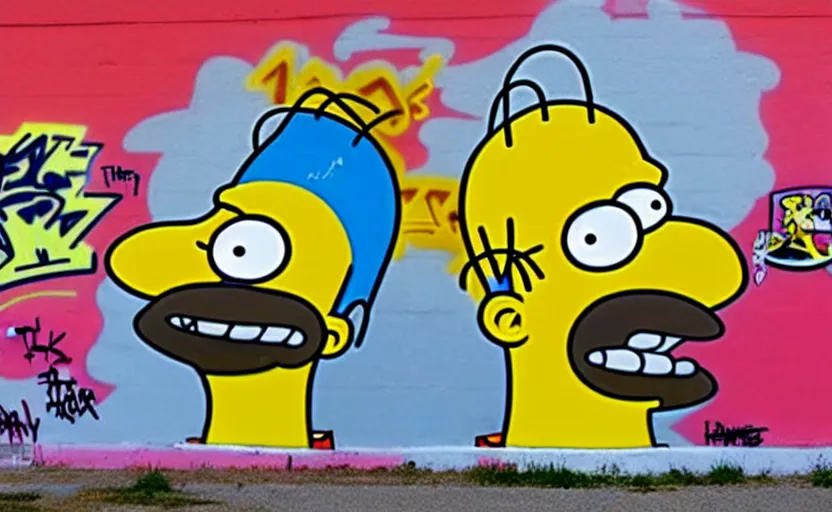 Image similar to a real life cartoon character homer simpson covered with graffiti by henry chalfant