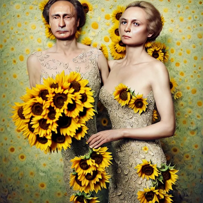 Prompt: photo portrait of Vladimir Putin - sunflowers - dressed in long elegant intricate ornamental ethereal sunflower dress, natural skin tone, highly detailed realistic flowers ornament in the upper side of breast, hair and wrinkles are intricate with highly detailed realistic flowers, elegant, Realistic, Refined, Highly Detailed, natural soft pastel lighting colors scheme, fine art photography by Cecil Beaton, volumetric lighting, hyper realistic photography