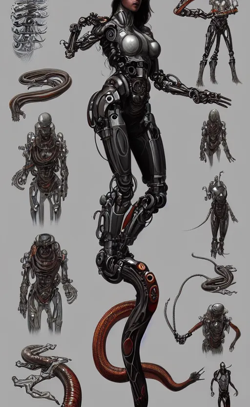 Image similar to Concept art character sheet of a cyborg biomechanical snake, sci-fi, highly detailed, digital painting, artstation, concept art, smooth, sharp focus, illustration, art by artgerm and greg rutkowski and alphonse mucha