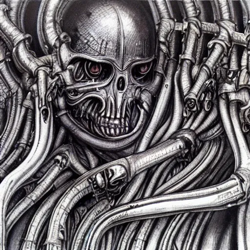 Image similar to detailed art by H.R. Giger for a tank made of human flesh in a body horror style