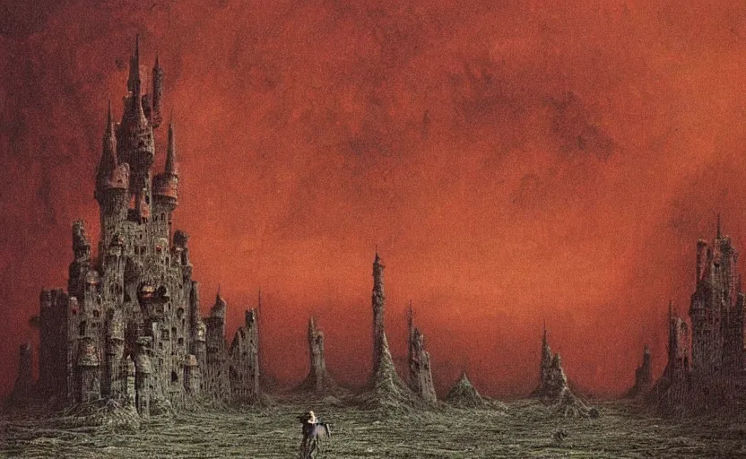 Image similar to menacing castle in hell dominates the landscape by beksinski