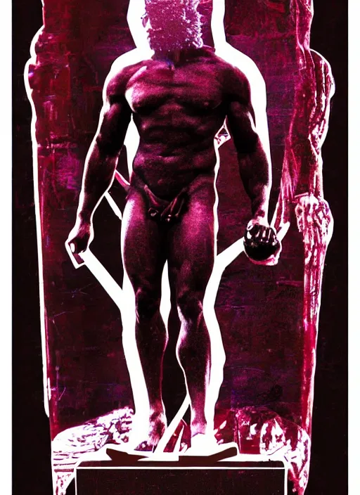 Image similar to design poster showing a statue of hercules, black background with very subtle red and purple design elements, powerful, nekro, vito acconci, graphic design, collage art, subtle thin straight lines, dark, glitch art, neo vaporwave, gritty, layout frame, square, trending on artstation