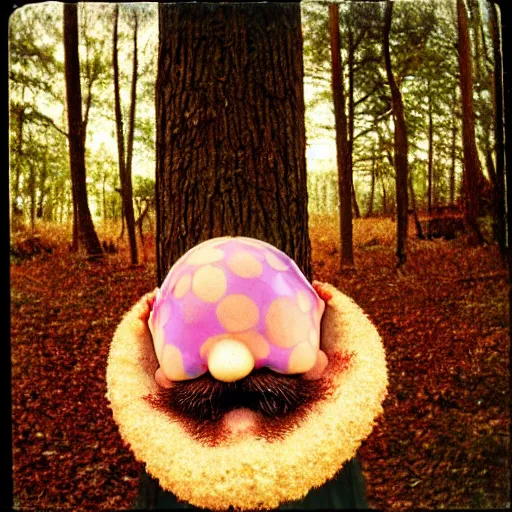 Image similar to symmetrical mushroom wizard beard, in a forest in twilight, 70s, polaroid, DOF, grain, kaleidoscope