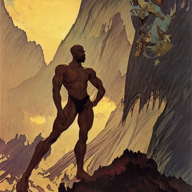 Prompt: an aesthetic! a detailed image of a black man, bald head, spectacles, with mountains of gold in the background, by frank frazetta and alphonse mucha, oil on canvas, art nouveau dungeons and dragons fantasy art, hd, god rays, ray tracing, crisp contour lines, huhd