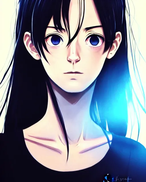 Image similar to portrait Anime kaya scodelario, skins, cute-fine-face, black-hair, blue eyes, pretty face, realistically shaded, Perfect face, fine details. Anime. skins, realistic shaded lighting by Ilya Kuvshinov, katsuhiro otomo, ghost-in-the-shell, magali villeneuve, artgerm, rutkowski, WLOP