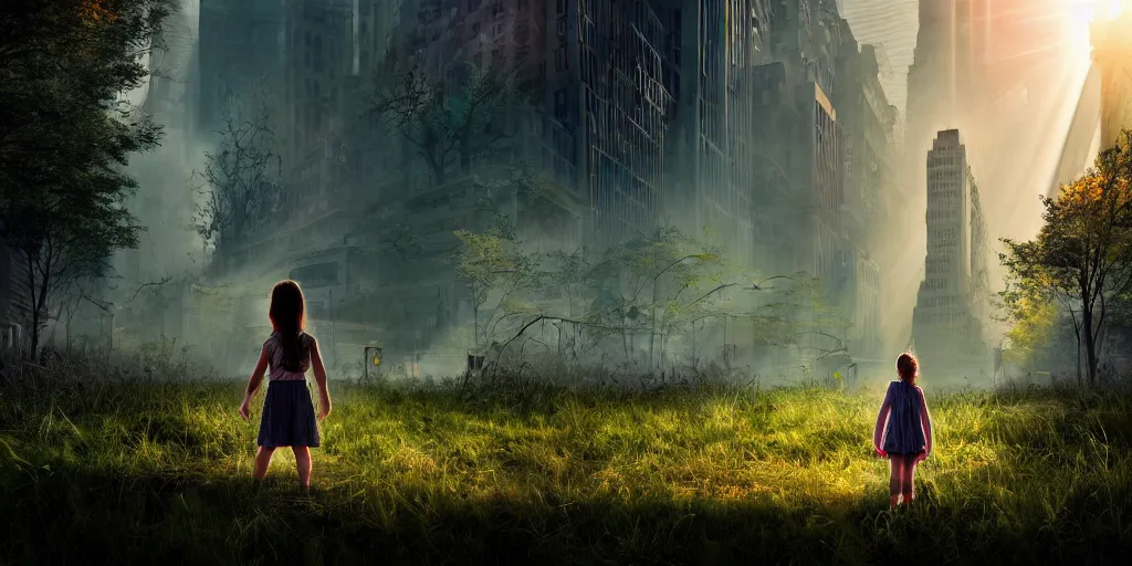Image similar to textless sci - fi scene future overgrown new york city street, little girl alone in manhattan holding the left hand of giant robot, forest punk, crepuscular rays, epic scene, hyper realistic, photo realistic, overgrowth, cinematic atmosphere, ethereal lighting,