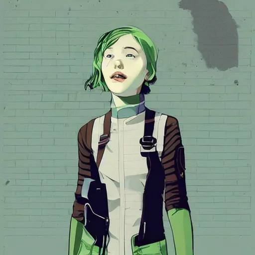 Prompt: Highly detailed portrait of a post-cyberpunk young lady with, freckles and beautiful hair by Atey Ghailan, by Loish, by Bryan Lee O'Malley, by Cliff Chiang, inspired by image comics, inspired by graphic novel cover art, inspired by nier, inspired by scott pilgrim !! Gradient green, black and white color scheme ((grafitti tag brick wall background)), trending on artstation