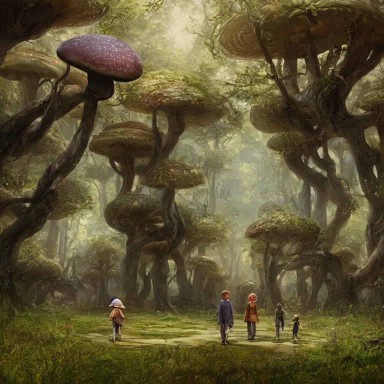 Prompt: a painting of a man and a child walking through a huge mushroom forest, a detailed matte painting by julian allen, cgsociety, fantasy art, matte painting, concept art, daz 3 d