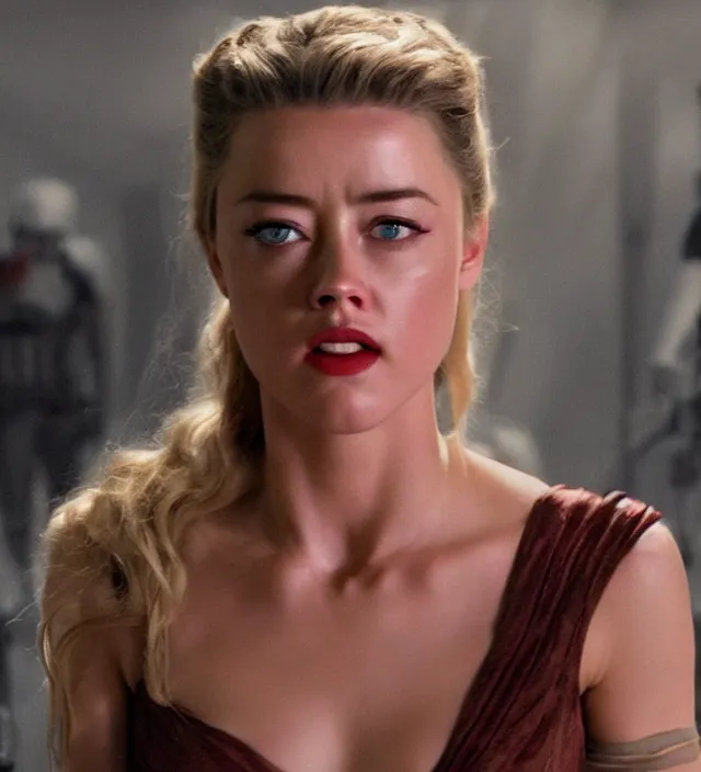 Prompt: amber heard in star wars, excitement facial expression, movie still frame, hd, remastered, cinematic lighting