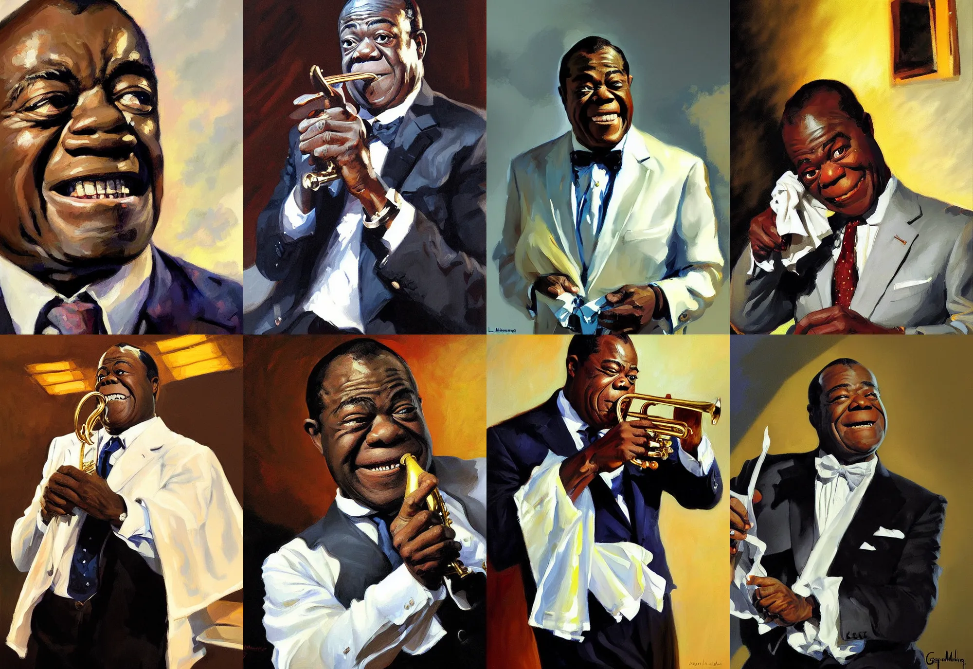 Image similar to a portrait of louis armstrong holding a white handkerchief, by greg manchess, dramatic lighting, highly detailed digital painting