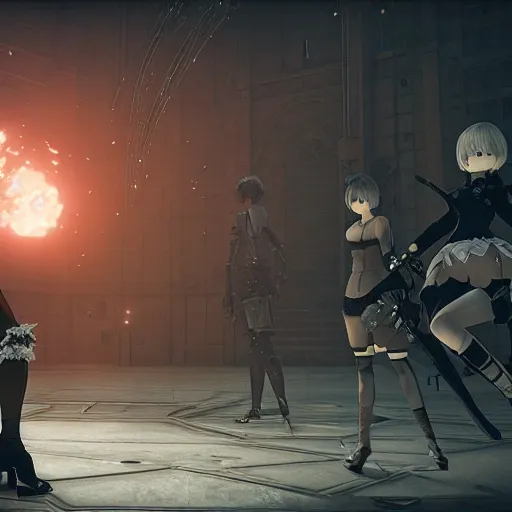 Image similar to a very high resolution image from nier : automata, featuring 9 s android fighting russian invaders in ukraine