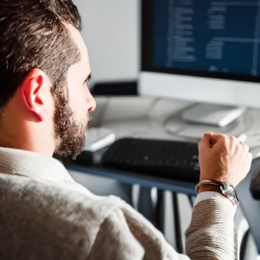 Image similar to annoyed man waiting for a friend in front of a computer pointing on his watch