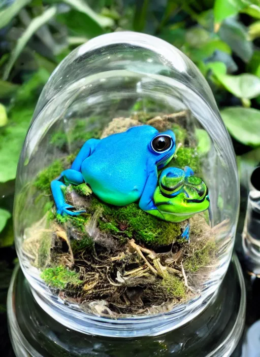 Prompt: a complex eco system in a glass dome with one blue frog in it.