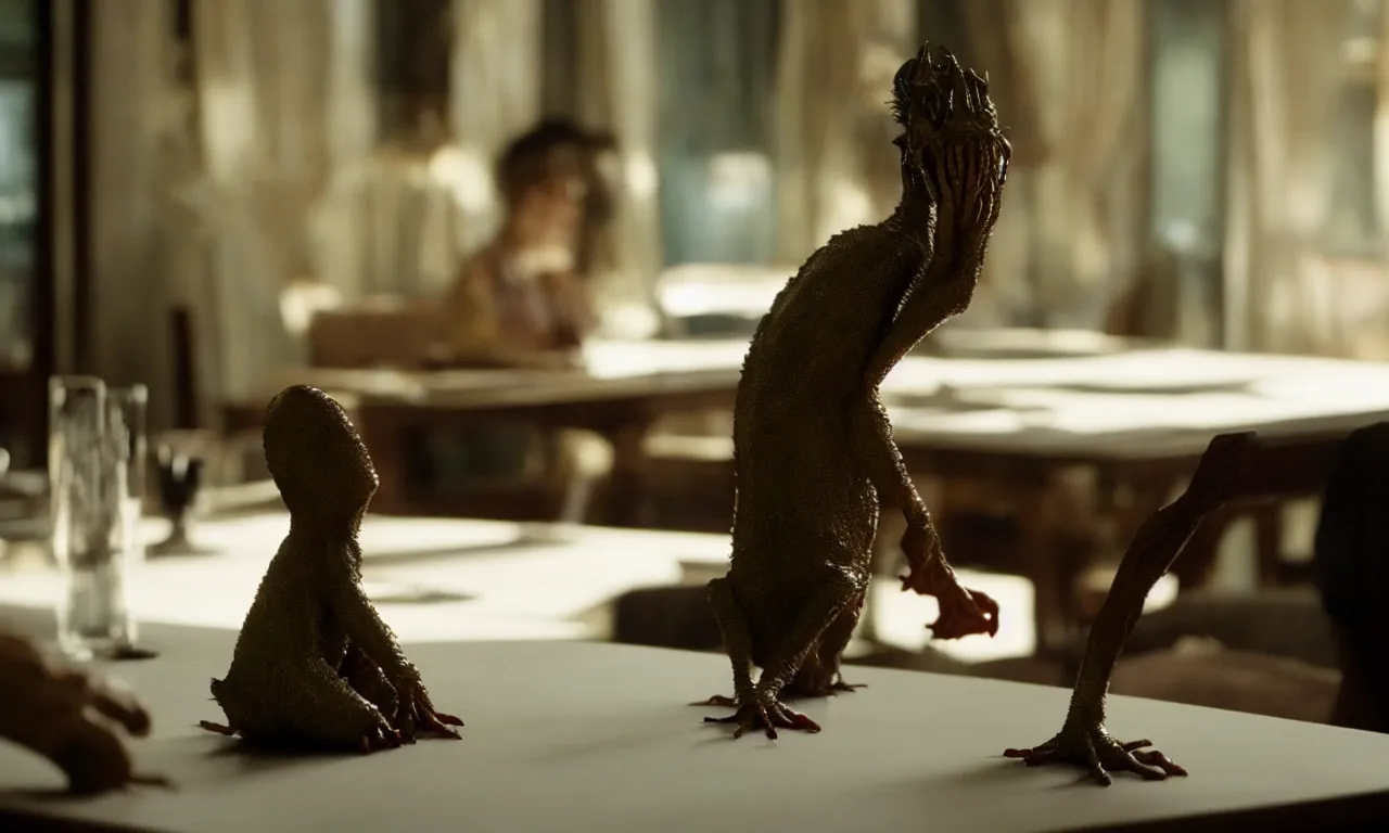 Image similar to a strange creature sits at a table, film still from the movie directed by Denis Villeneuve with art direction by David Cronenberg, close up, telephoto lens, shallow depth of field