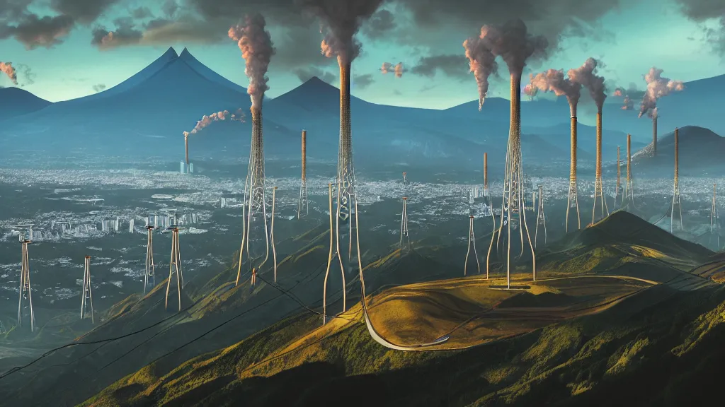 Prompt: Epic Nuclear power towers gracefully over the mountain valley of Quito, Ecuador; by Oswaldo Moncayo and Vincent Callebaut; line work and detailing by Simon Stålenhag, oil on canvas; Art Direction by James Cameron; Location: Quito Ecuador 4K, 8K; Ultra-Realistic Depth Shading