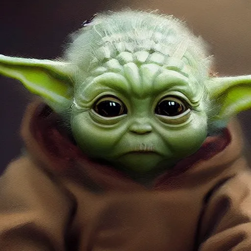 Image similar to very detailed masterpiece painting of baby yoda, portrait, artstation, concept art by greg rutkowski