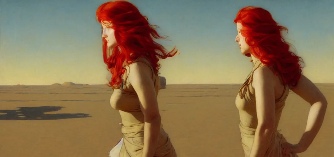 Prompt: portrait of a nurse cyborg with long red hair, blazing sun, in a huge desert, by emile friant and moebius