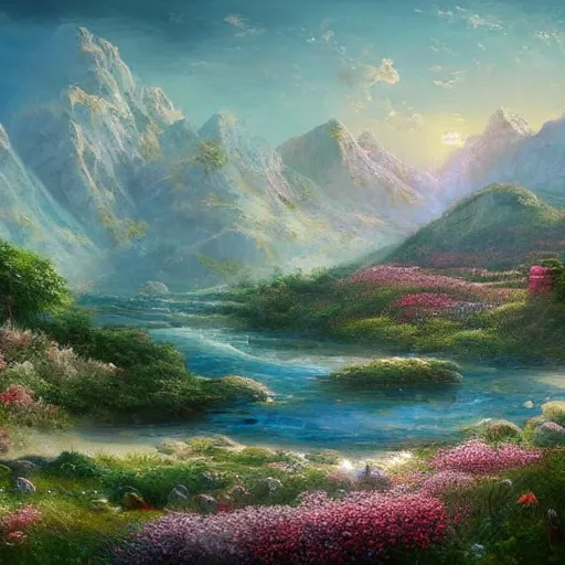 Prompt: the valley of flowers! near the sea! of dreams, ancient towers by quentin mabille
