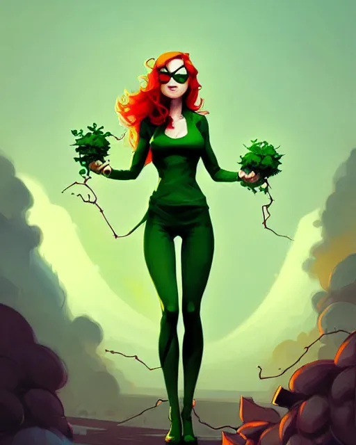 Image similar to peter mohrbacher, phil noto comicbook cover art, artgerm, emma stone poison ivy, vines, symmetrical eyes, full body, green outfit, city rooftop