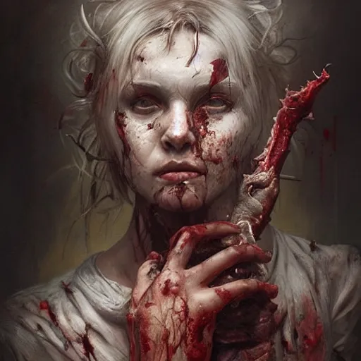 Prompt: portrait painting of a bloodied butcher, ultra realistic, concept art, intricate details, eerie, highly detailed, photorealistic, octane render, 8 k, unreal engine. art by artgerm and greg rutkowski and alphonse mucha