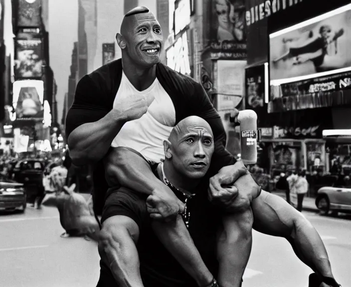 Prompt: Dwayne the Rock Johnson riding on the back of Adam Sandler, doing Methamphetamine at Times Square, photograph by Alfred Eisenstaedt, 4K, dramatic lighting; 4K 8K