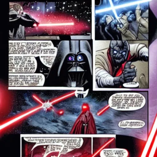 Prompt: morbius fighting darth vader with a lightsaber