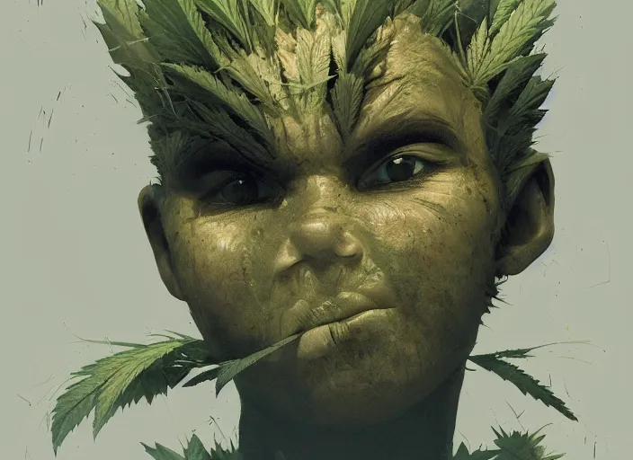 Image similar to duotone concept illustration 3 / 4 portrait of baby face consisting of marijuana, baby groot, cannabis!, cinematic volumentric lighting, jim cheung, david marquez, mike deodato jr, ilya kuvshinov, makoto shinka, behance hd by jesper ejsing, by rhads, hyper detailed, octane render, concept art, artstation