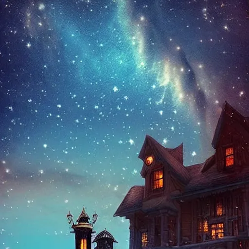 Image similar to a beautiful dreamy night sky, steampunk, fantasy, modern, beautiful, stars