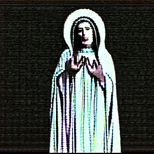 Image similar to vhs static overlay of marian apparition, vhs, 1 9 9 0, highly realistic, highly detailed, vhs noise static, black and white, vhs glitch