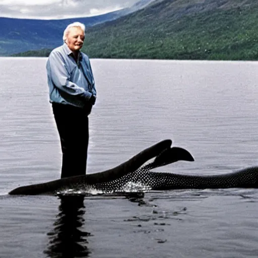 Image similar to Sir David Attenborough at a lake, with Loch Ness Monster Nessie plesiosaur in the water